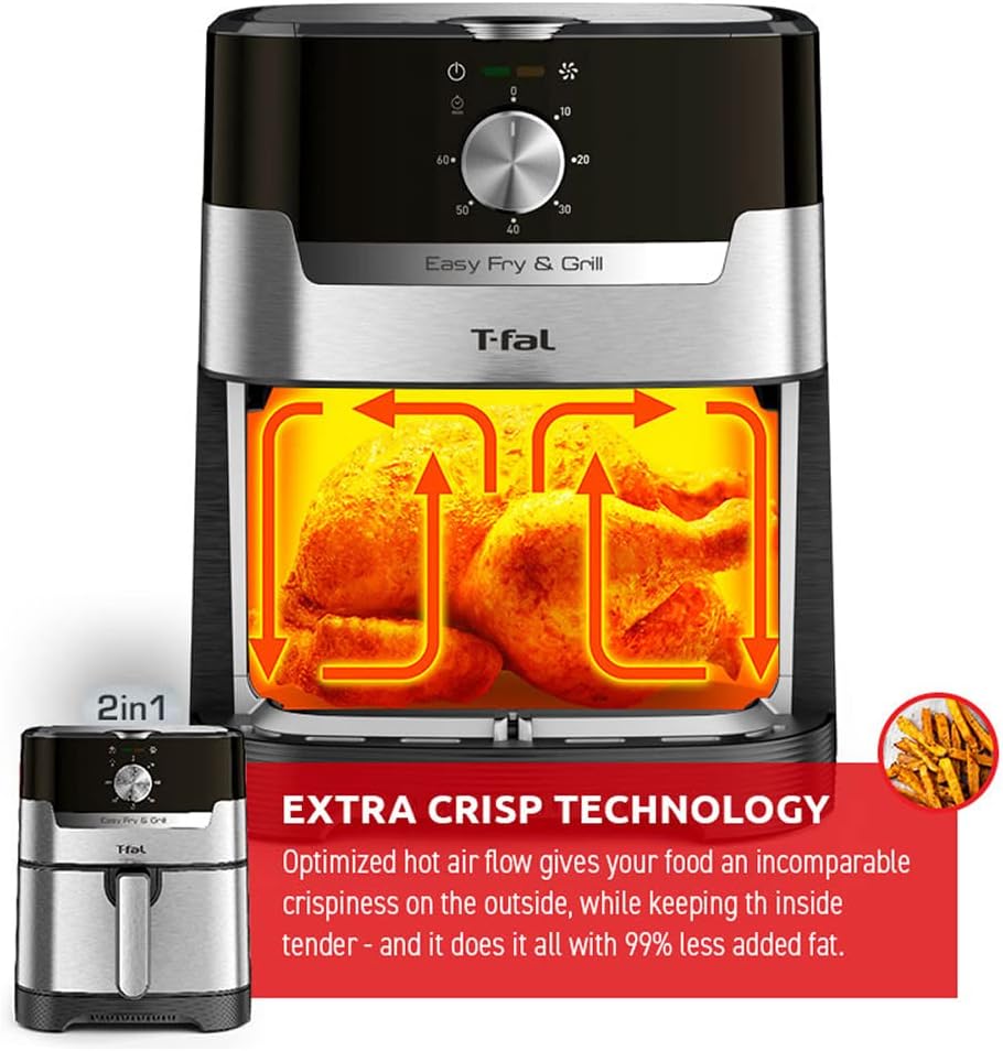 T-fal Easy Fry and Grill Air Fryer with Die Cast Grill Plate, Stainless Steel, 4.4Qt, Digital Recipe Book