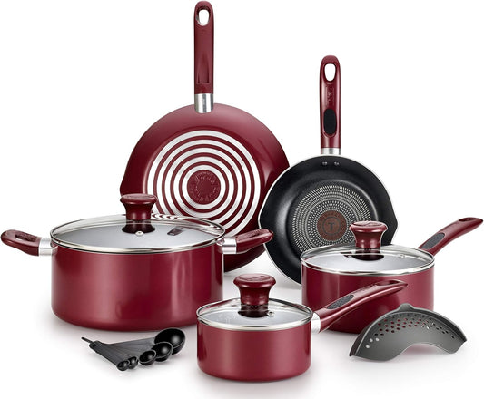 T-fal Excite ProGlide 14-Piece Cookware Set in Red, Nonstick with Thermo-Spot Heat Indicator, Dishwasher & Oven Safe