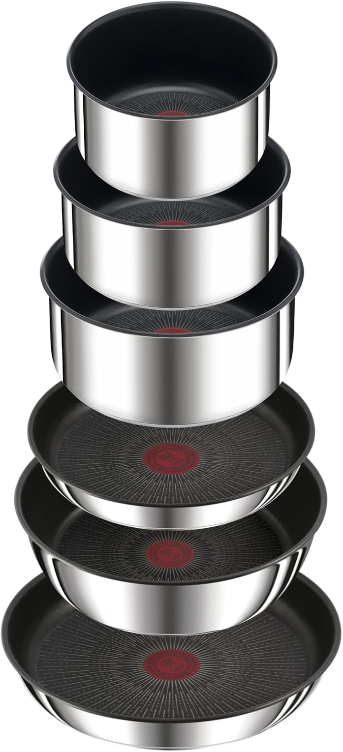 T-Fal Tefal Ingenio 15-Piece Cookware Set, Stainless Steel, Non-Stick Coating, Induction Compatible, Temperature Indicator, Space-Saving Design, Made in France