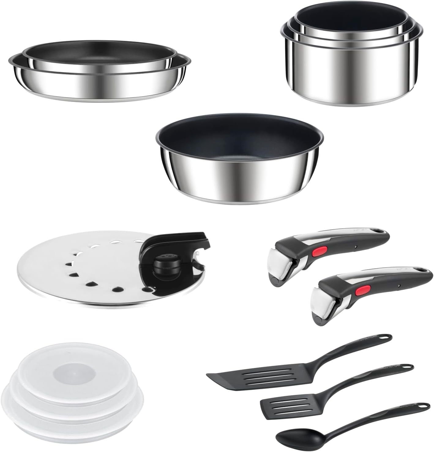 T-Fal Tefal Ingenio 15-Piece Cookware Set, Stainless Steel, Non-Stick Coating, Induction Compatible, Temperature Indicator, Space-Saving Design, Made in France