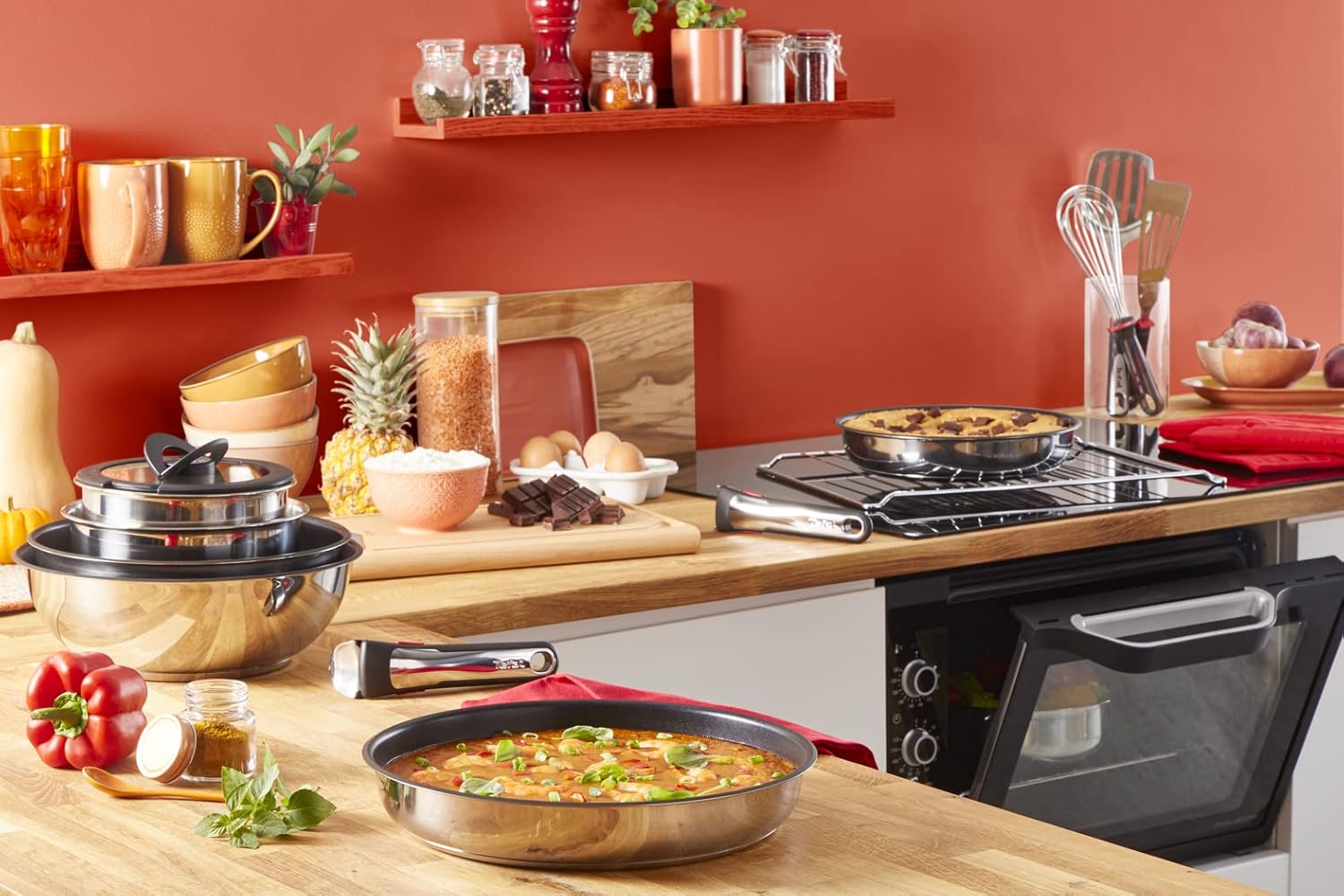 T-Fal Tefal Ingenio 15-Piece Cookware Set, Stainless Steel, Non-Stick Coating, Induction Compatible, Temperature Indicator, Space-Saving Design, Made in France