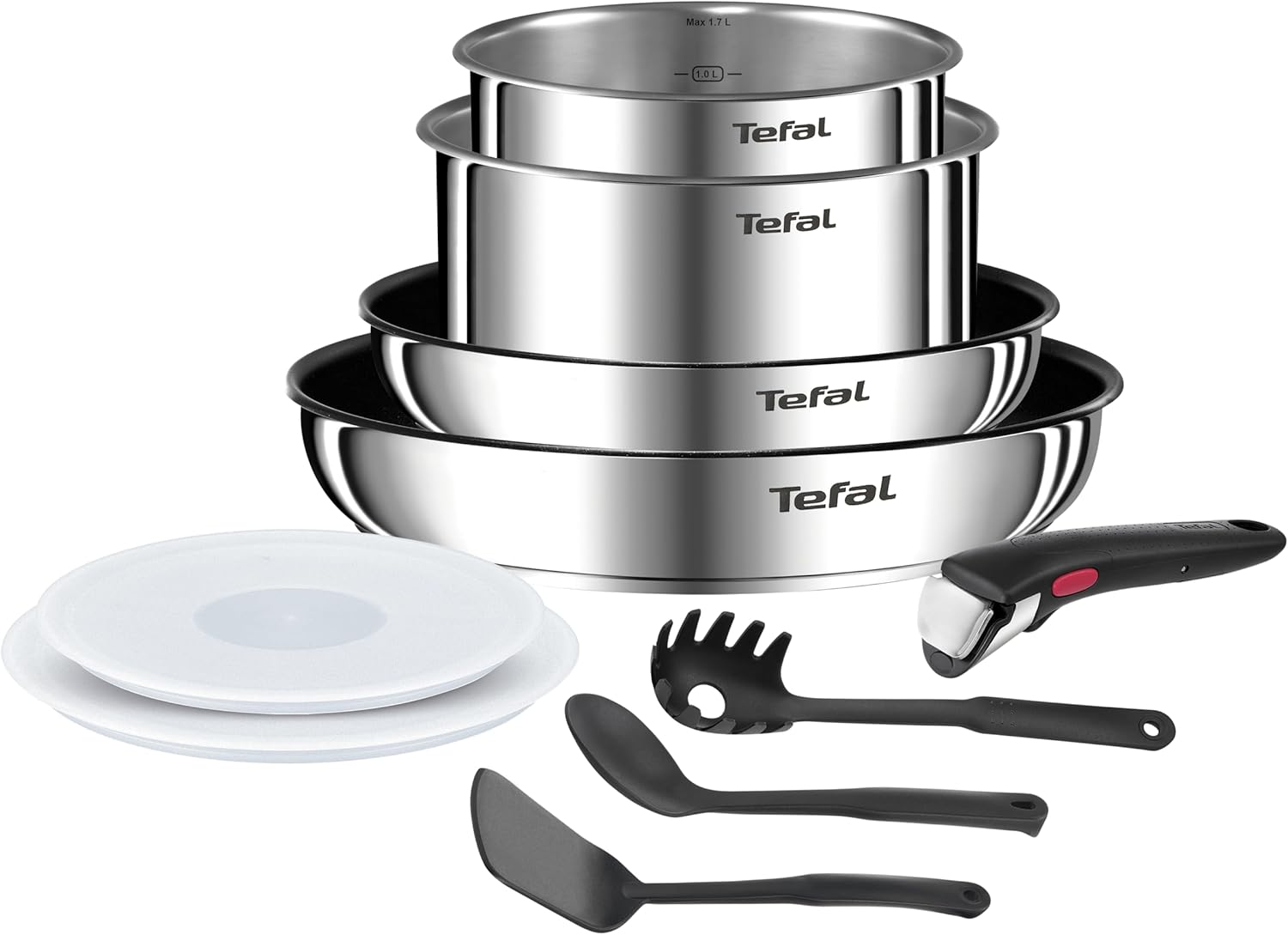 T-Fal Tefal Ingenio Emotion 10-Piece Stainless Steel Cookware Set with Non-Stick Coating, Induction Compatible, Dishwasher Safe, Stackable