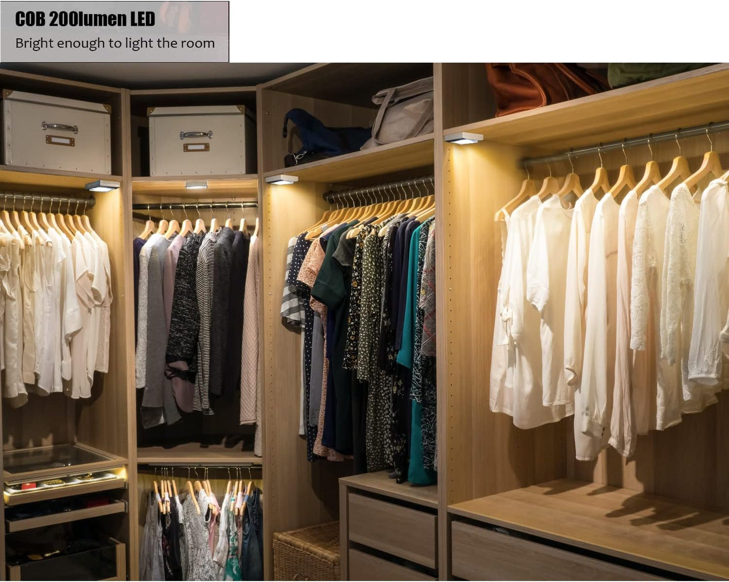 TBTeek Closet Light 4 Pack - Super Bright Battery Operated Stick Anywhere Nightlight for Closet, Shed, Attic - 200 LM Cob Led Lamp - Tap Lights for Emergency Situations