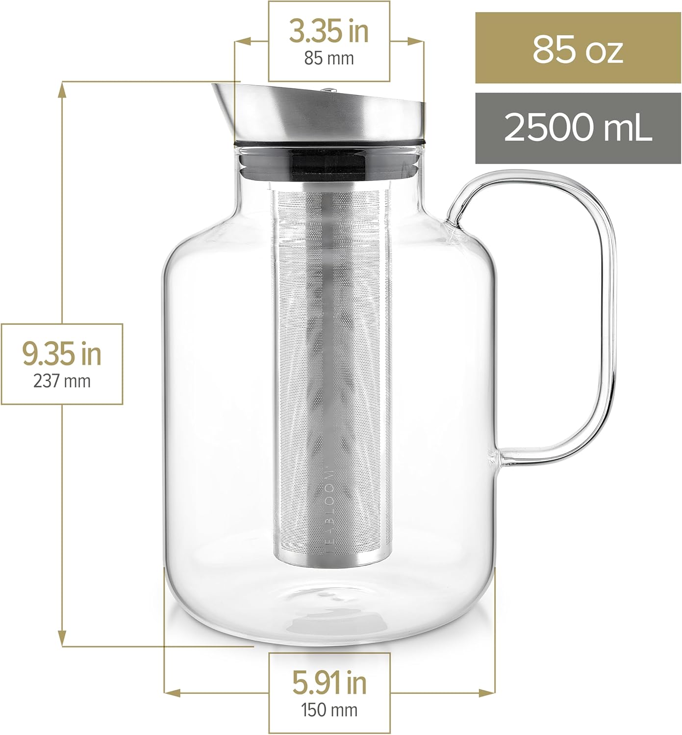 Teabloom Legacy Tea Maker: Extra-Large Borosilicate Glass Teapot, Kettle & Pitcher - 85 OZ - Multi-Brew for Hot Tea, Iced Tea, Cold Brew, Fruit Water