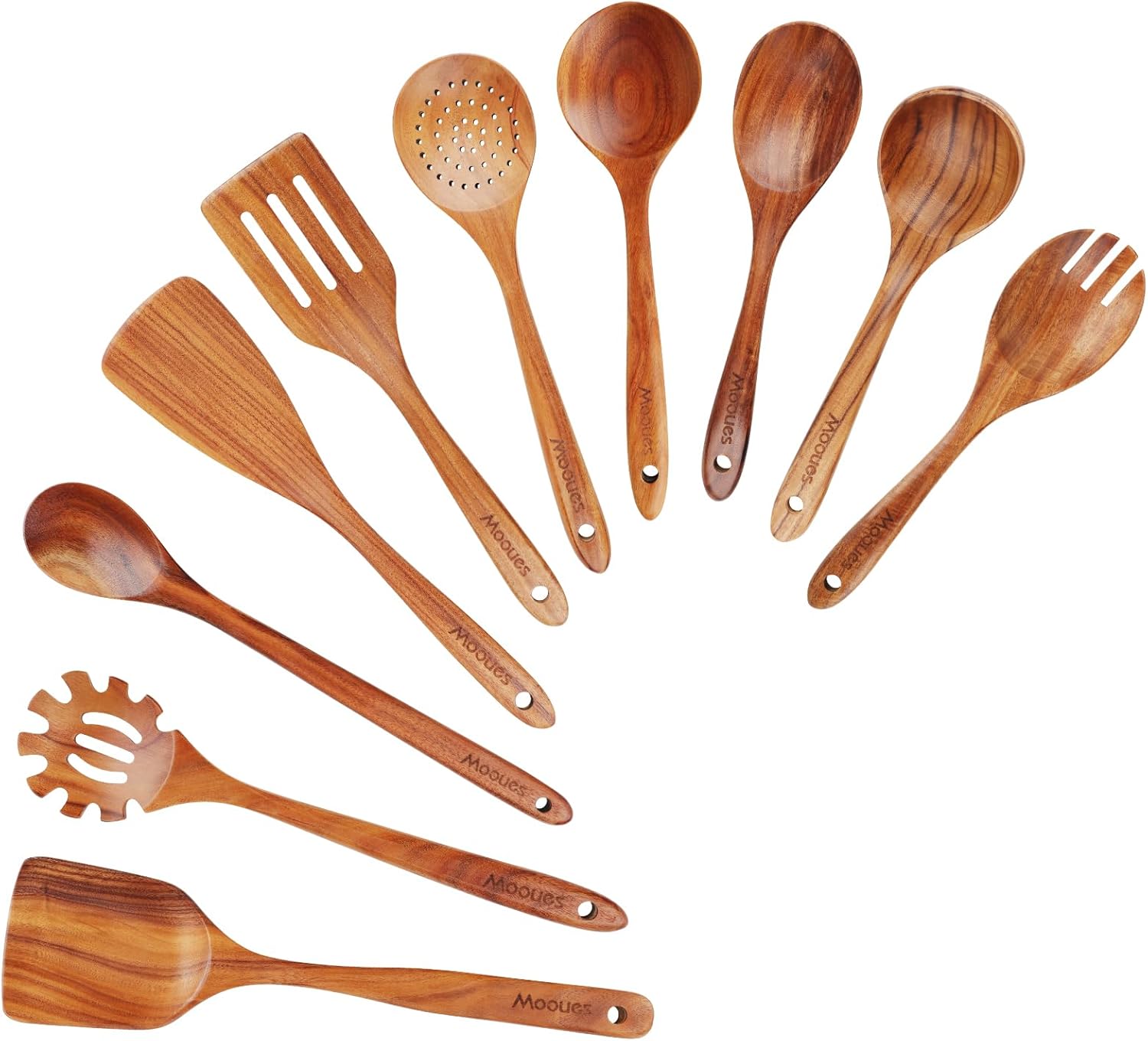 Teak Wooden Kitchen Utensils Set with Comfort Grip (10 PCS) for Cooking - Natural Wood Spoons and Utensils