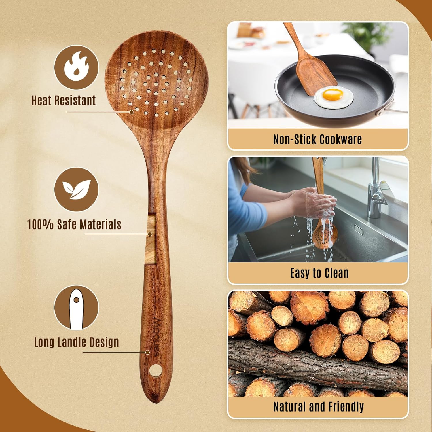 Teak Wooden Kitchen Utensils Set with Comfort Grip (10 PCS) for Cooking - Natural Wood Spoons and Utensils