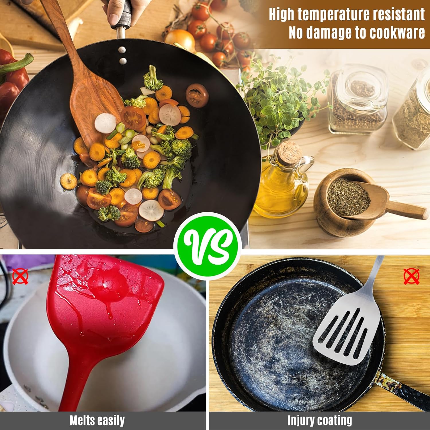 Teak Wooden Kitchen Utensils Set with Comfort Grip (10 PCS) for Cooking - Natural Wood Spoons and Utensils