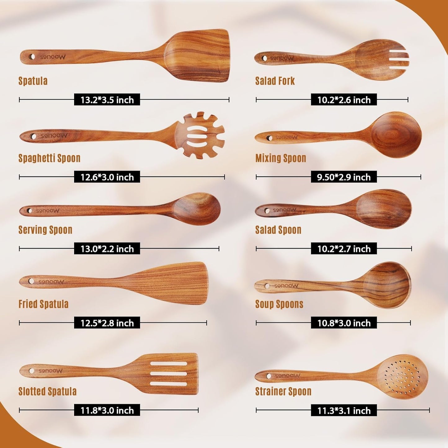 Teak Wooden Kitchen Utensils Set with Comfort Grip (10 PCS) for Cooking - Natural Wood Spoons and Utensils