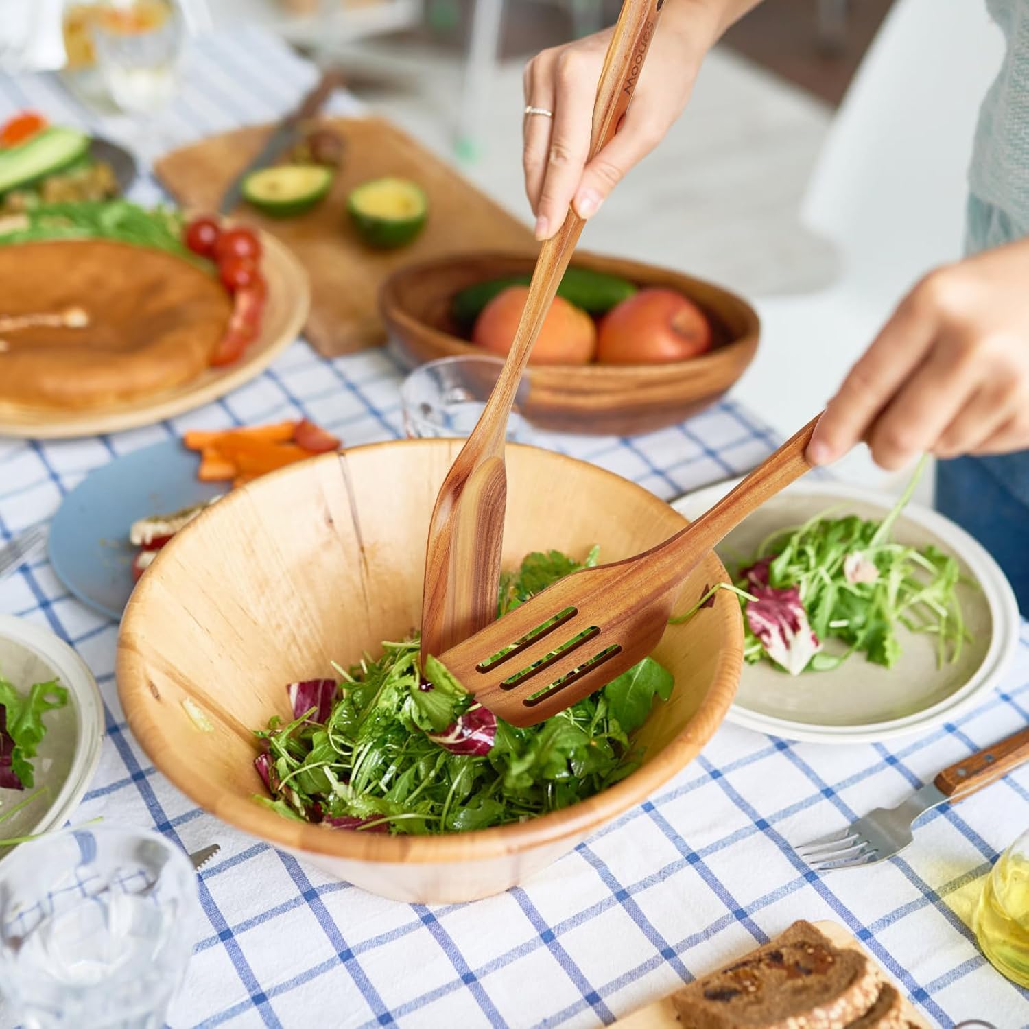 Teak Wooden Kitchen Utensils Set with Comfort Grip (10 PCS) for Cooking - Natural Wood Spoons and Utensils