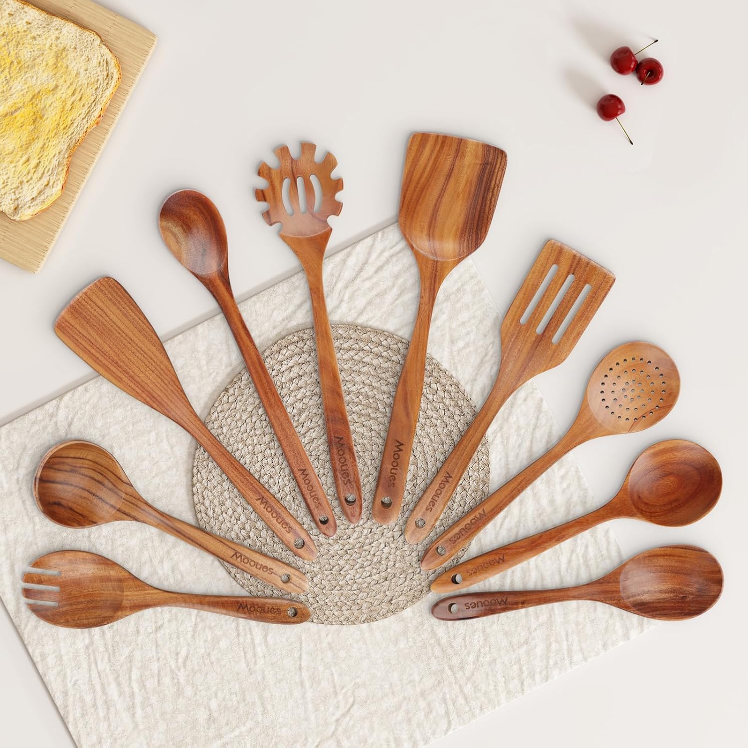 Teak Wooden Kitchen Utensils Set with Comfort Grip (10 PCS) for Cooking - Natural Wood Spoons and Utensils