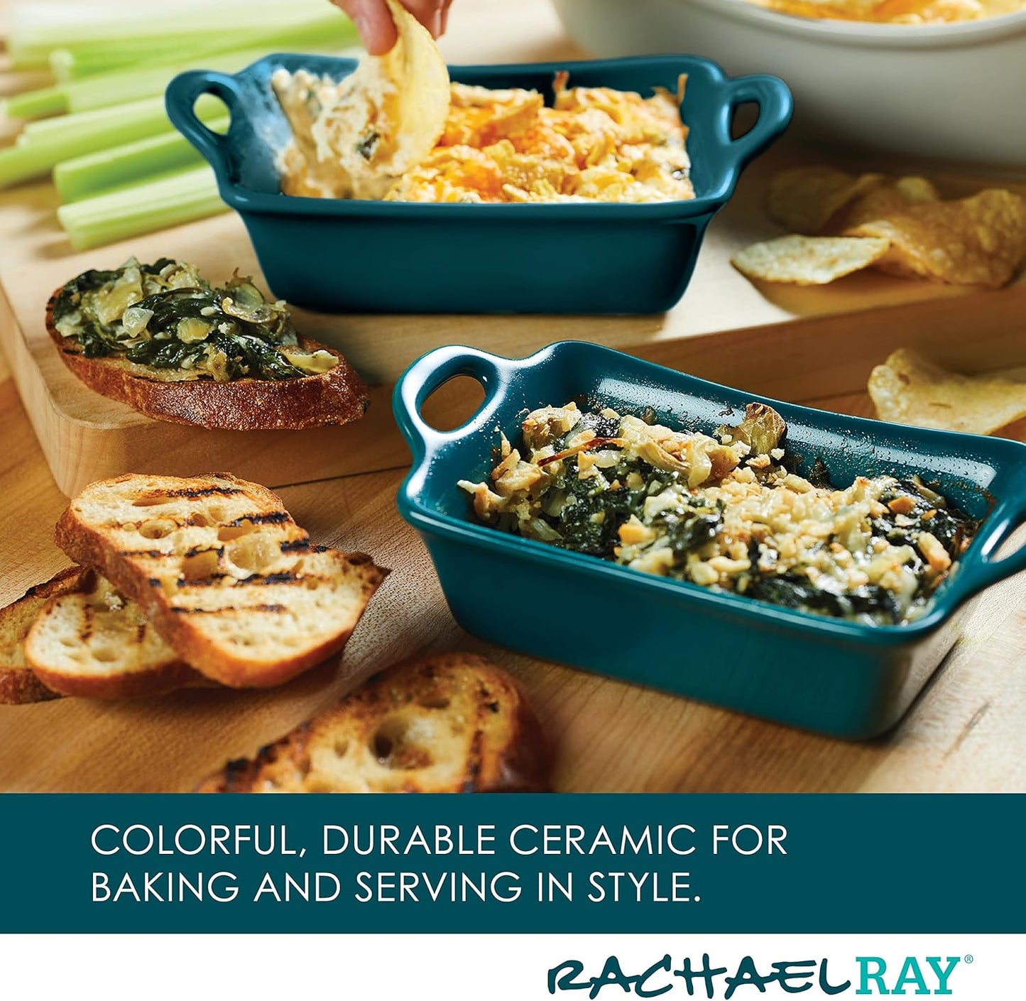 Teal Rectangular 2-Piece Au Gratin Bakeware Set by Rachael Ray Solid Glaze Ceramics