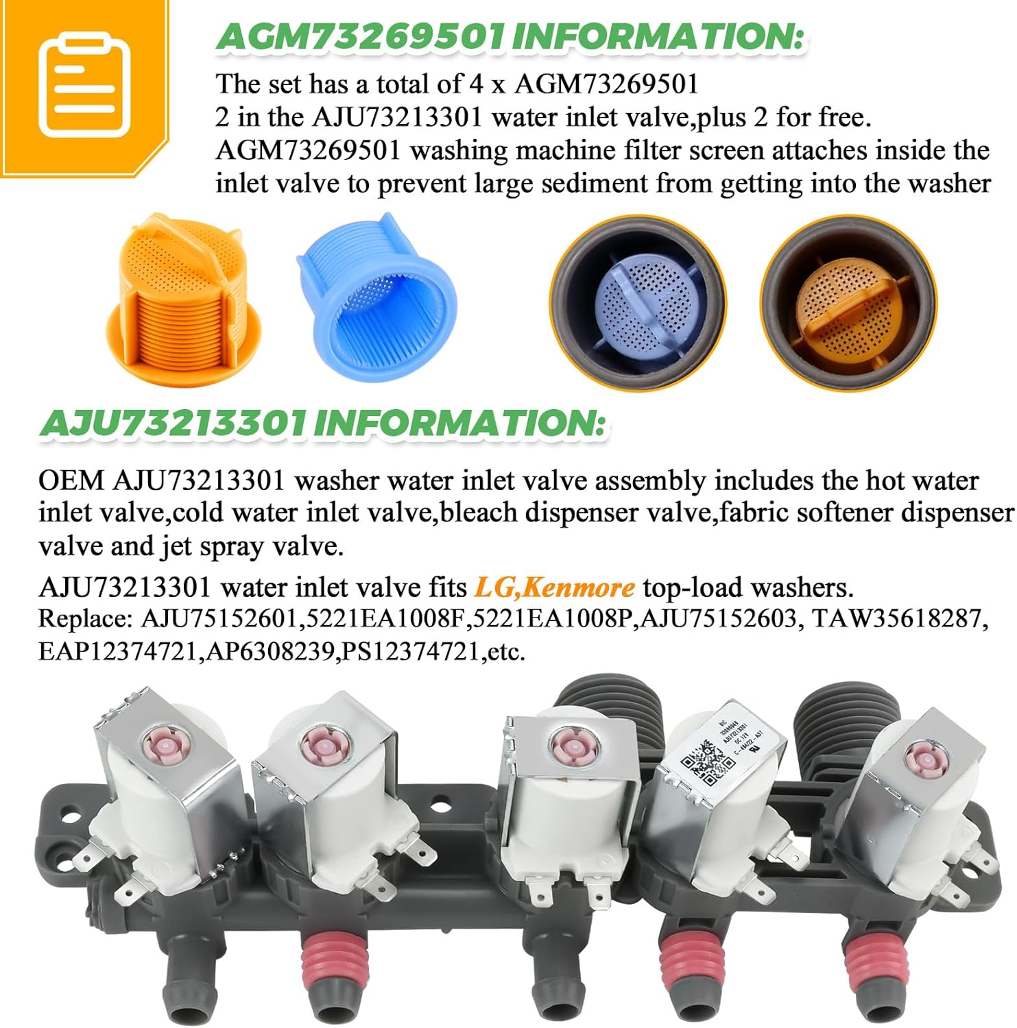 Techecook Washer Water Inlet Valve for Kenmore LG Washer WT5680HVA, wt7200cw, wt5270cw - Replaces AJU73213301 AJU75152601 AP5668417 AP6308239 TAW35618287