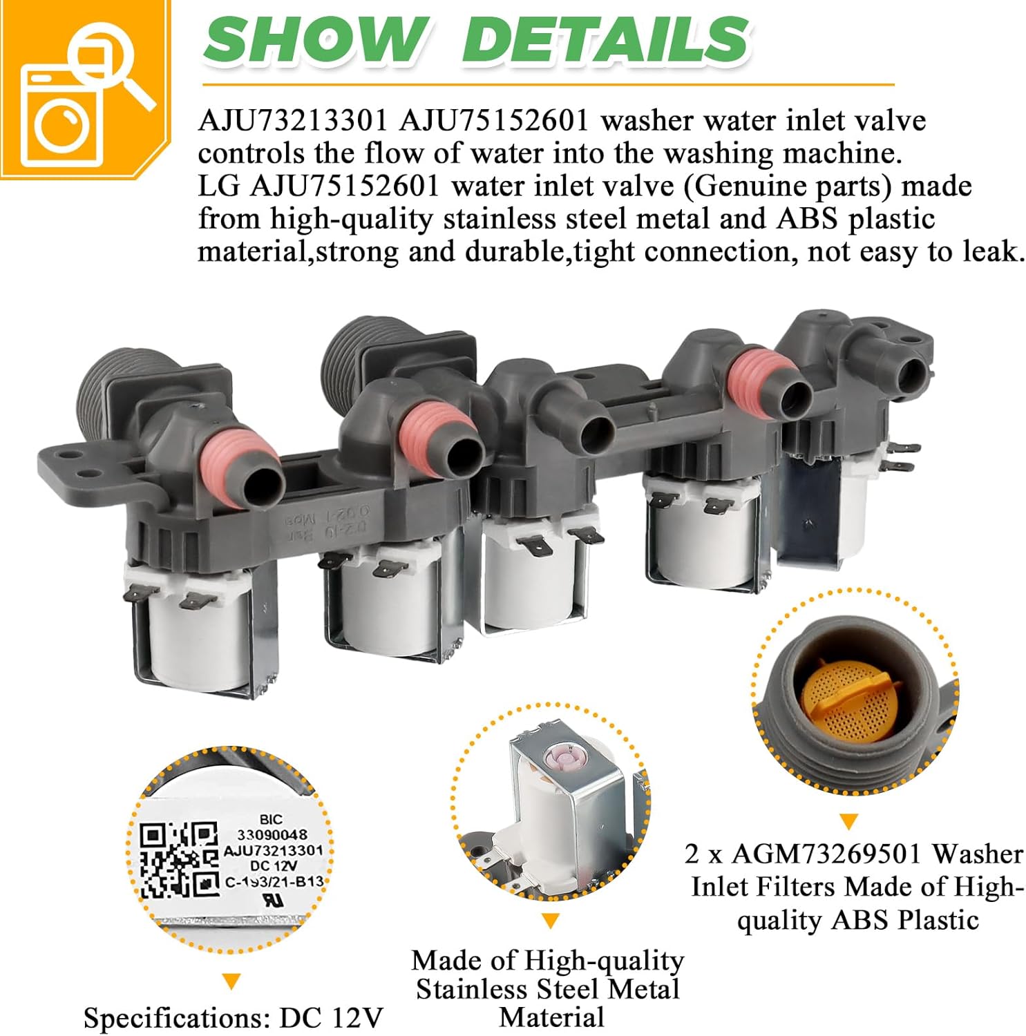 Techecook Washer Water Inlet Valve for Kenmore LG Washer WT5680HVA, wt7200cw, wt5270cw - Replaces AJU73213301 AJU75152601 AP5668417 AP6308239 TAW35618287