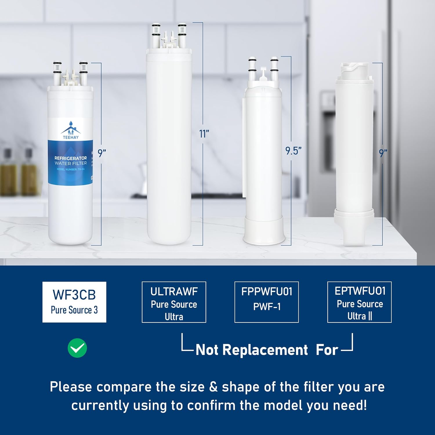 TEEHAY WF3CB Water Filter Replacement 4 Pack - Compatible with Frigidaire PureSource 3 WF3CB - Height 9 Inches - Replaces 706465, 242069601, 242086201 - AP4567491, PS3412266