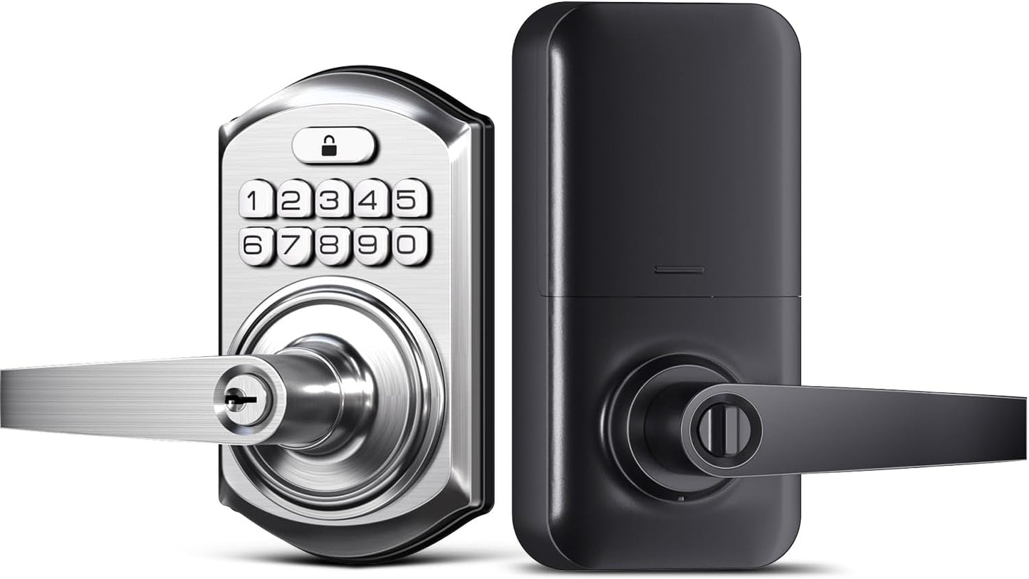 TEEHO TE004 Keyless Entry Keypad Door Lock with Handle - Front Digital Deadbolt, Anti-Peeping, Auto Lock, Passage Mode, Easy Install - Satin Nickel