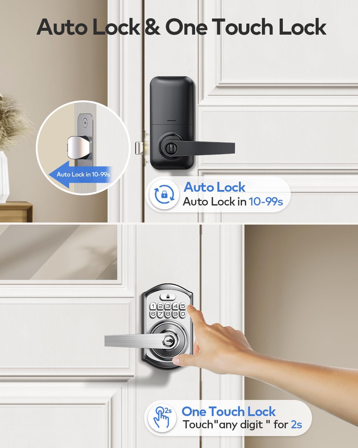 TEEHO TE004 Keyless Entry Keypad Door Lock with Handle - Front Digital Deadbolt, Anti-Peeping, Auto Lock, Passage Mode, Easy Install - Satin Nickel