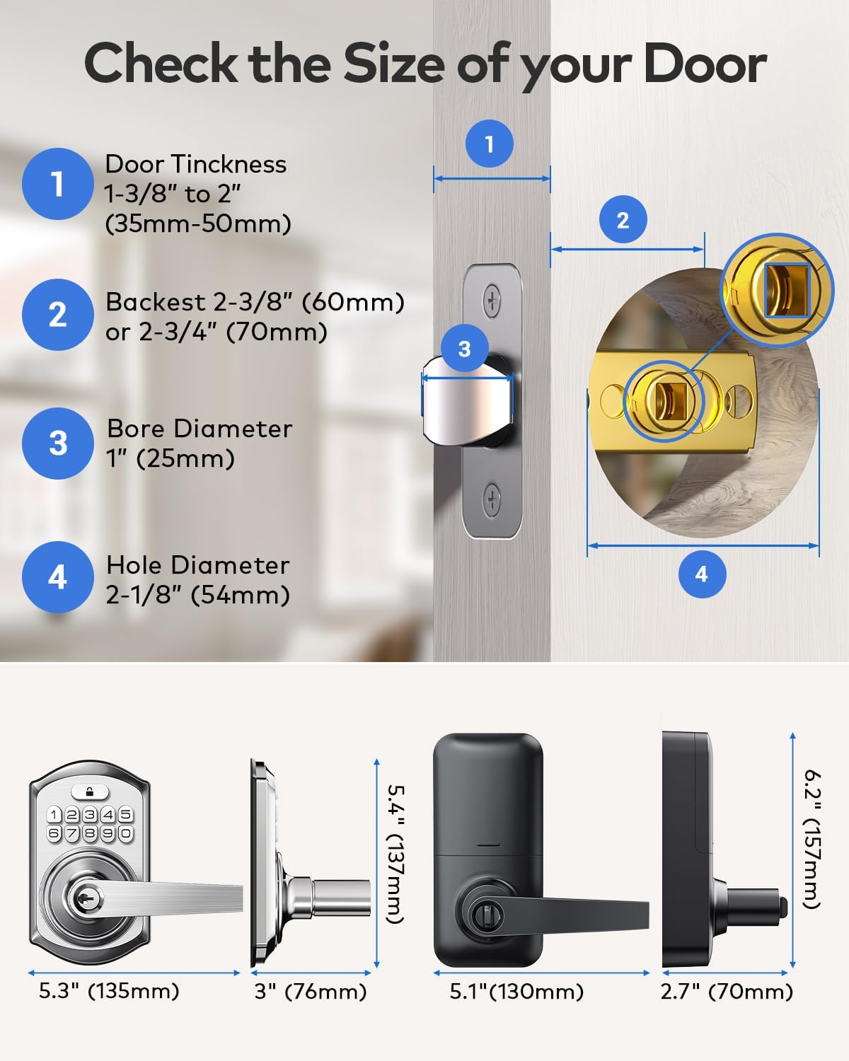 TEEHO TE004 Keyless Entry Keypad Door Lock with Handle - Front Digital Deadbolt, Anti-Peeping, Auto Lock, Passage Mode, Easy Install - Satin Nickel