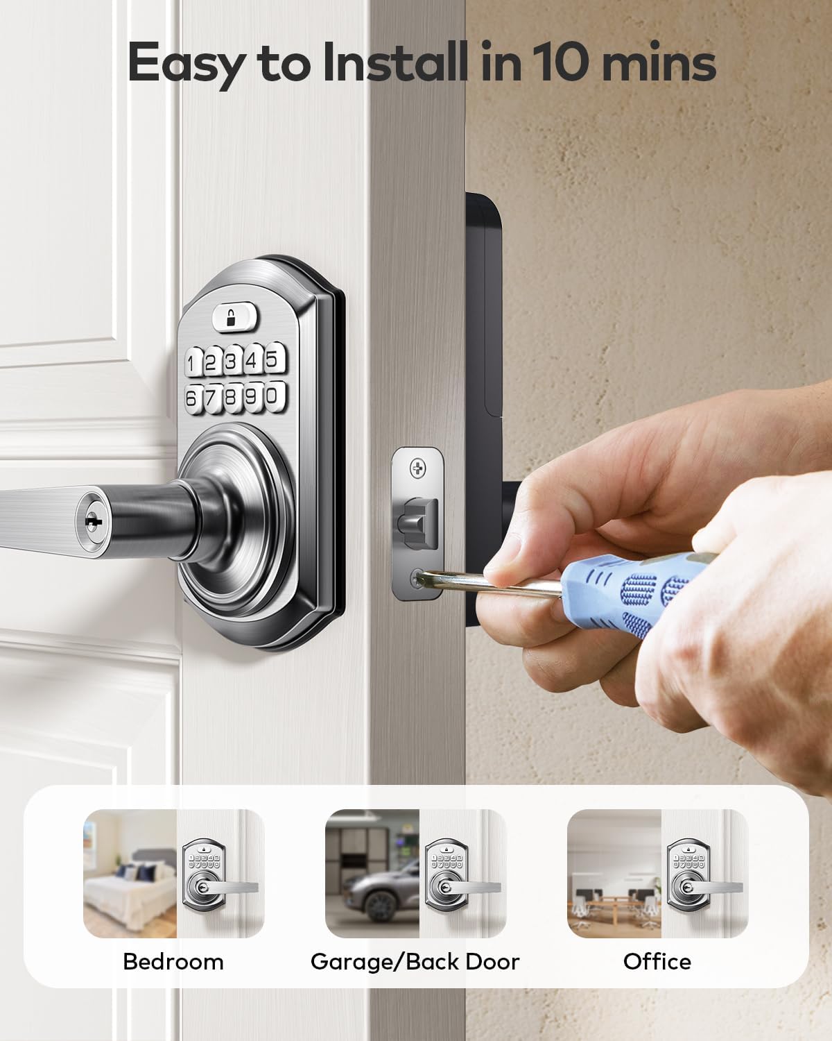 TEEHO TE004 Keyless Entry Keypad Door Lock with Handle - Front Digital Deadbolt, Anti-Peeping, Auto Lock, Passage Mode, Easy Install - Satin Nickel