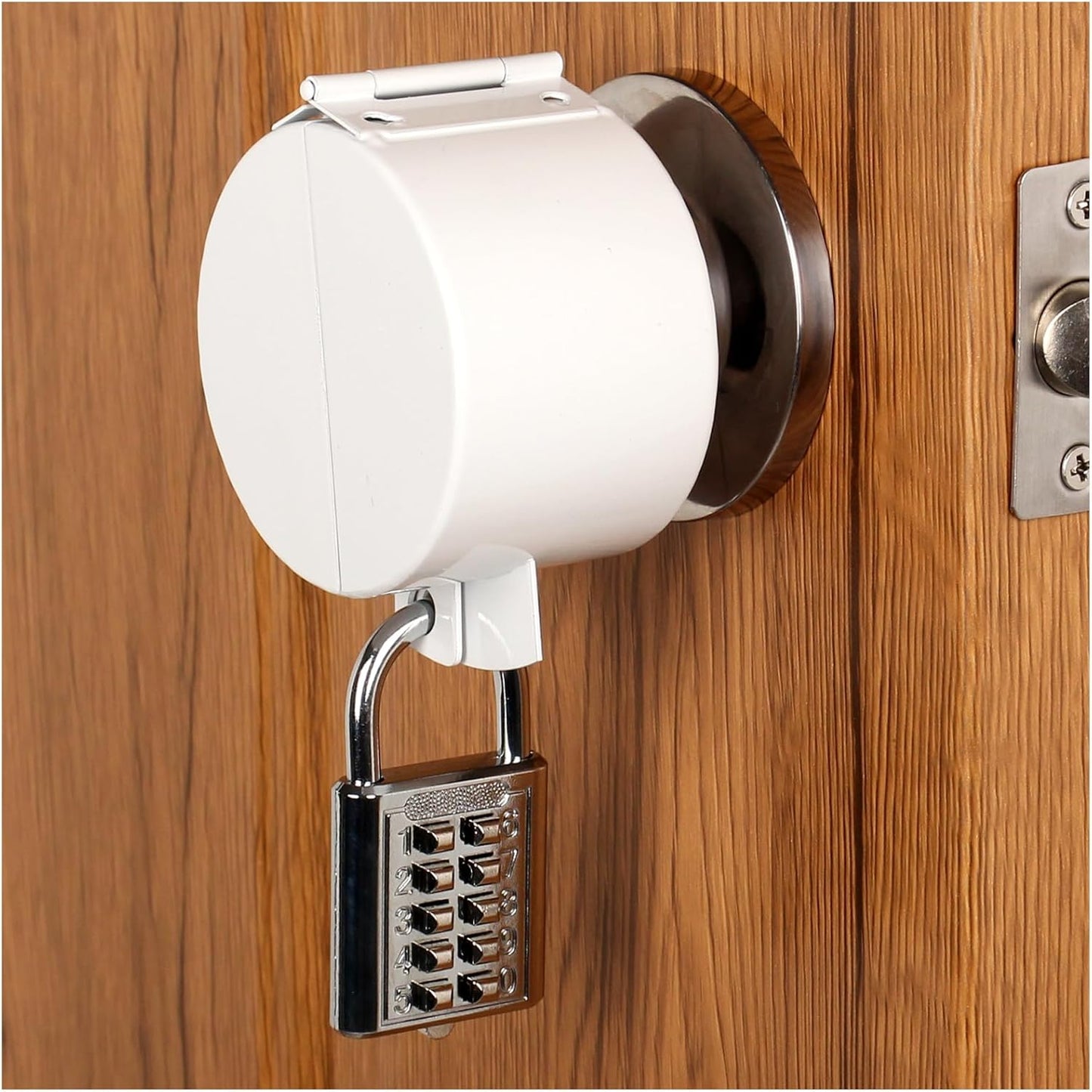 Temporary Door Lock with Round Knob Cover and Padlock - No Drill Lockout Device for Easy Use and Removal (White)