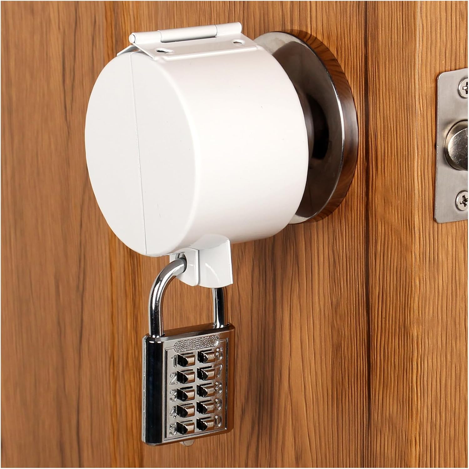 Temporary Door Lock with Round Knob Cover and Padlock - No Drill Lockout Device for Easy Use and Removal (White)