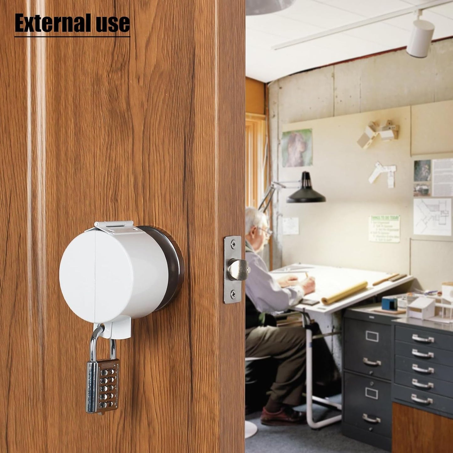 Temporary Door Lock with Round Knob Cover and Padlock - No Drill Lockout Device for Easy Use and Removal (White)