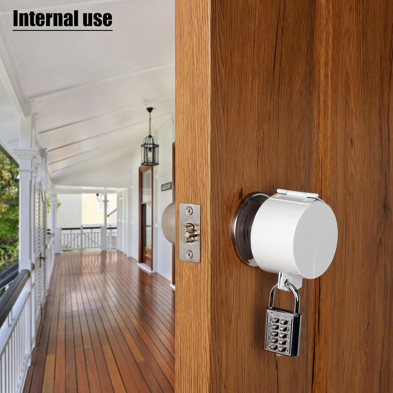 Temporary Door Lock with Round Knob Cover and Padlock - No Drill Lockout Device for Easy Use and Removal (White)