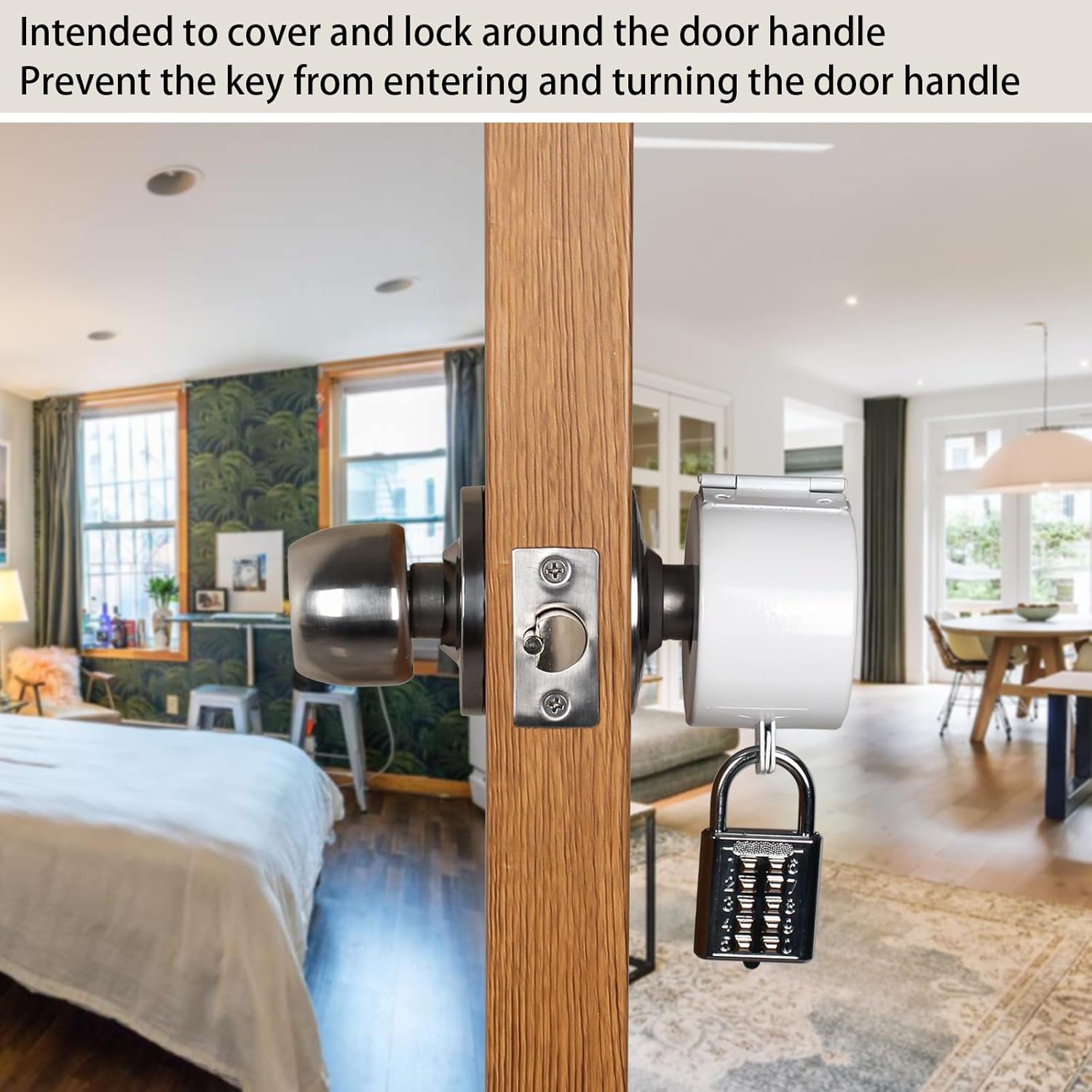 Temporary Door Lock with Round Knob Cover and Padlock - No Drill Lockout Device for Easy Use and Removal (White)