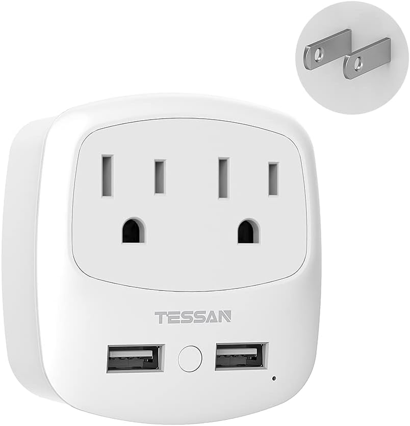 TESSAN 3 to 2 Prong USB Outlet Plug with 2 Wall Charger Extender for Japan - White Multi Plug Adaptor for US to Japanese Travel