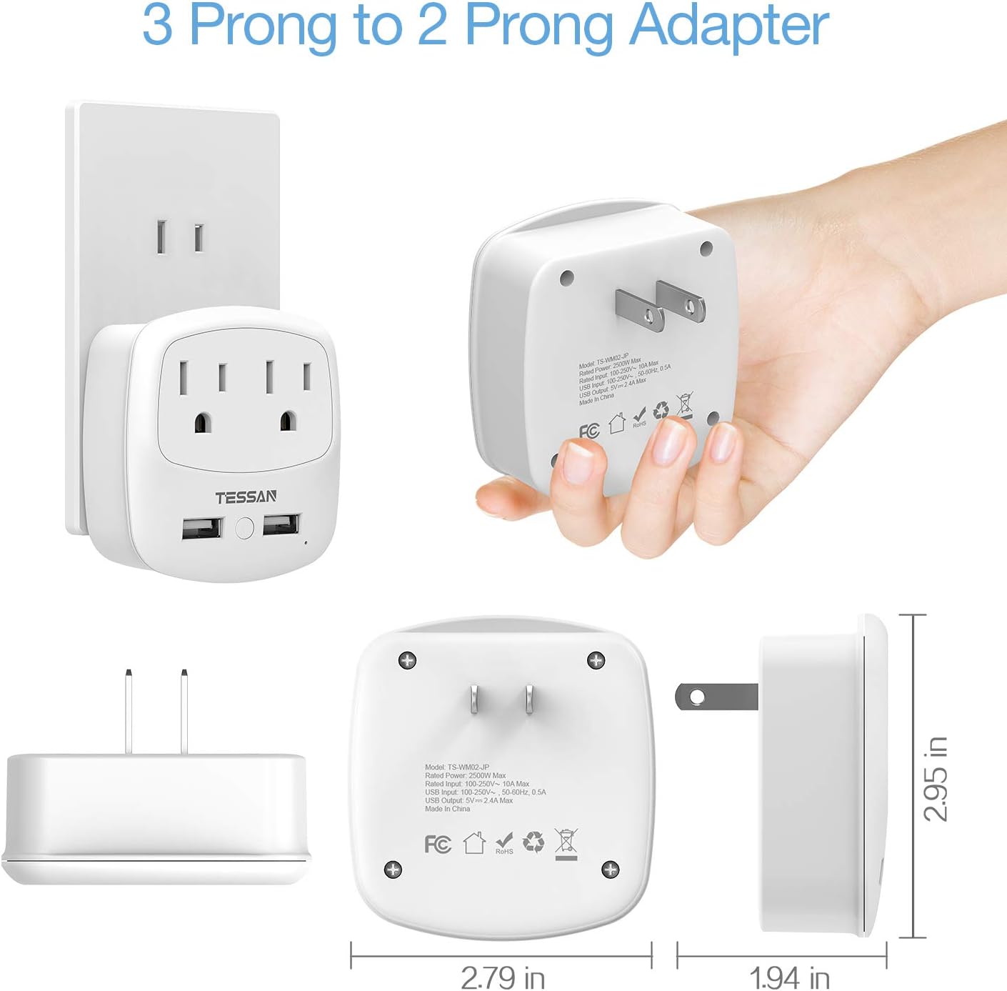 TESSAN 3 to 2 Prong USB Outlet Plug with 2 Wall Charger Extender for Japan - White Multi Plug Adaptor for US to Japanese Travel