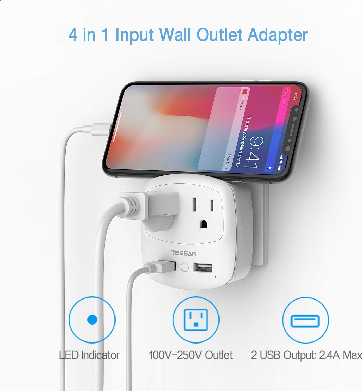 TESSAN 3 to 2 Prong USB Outlet Plug with 2 Wall Charger Extender for Japan - White Multi Plug Adaptor for US to Japanese Travel