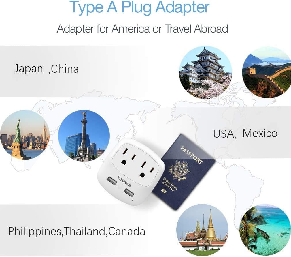 TESSAN 3 to 2 Prong USB Outlet Plug with 2 Wall Charger Extender for Japan - White Multi Plug Adaptor for US to Japanese Travel
