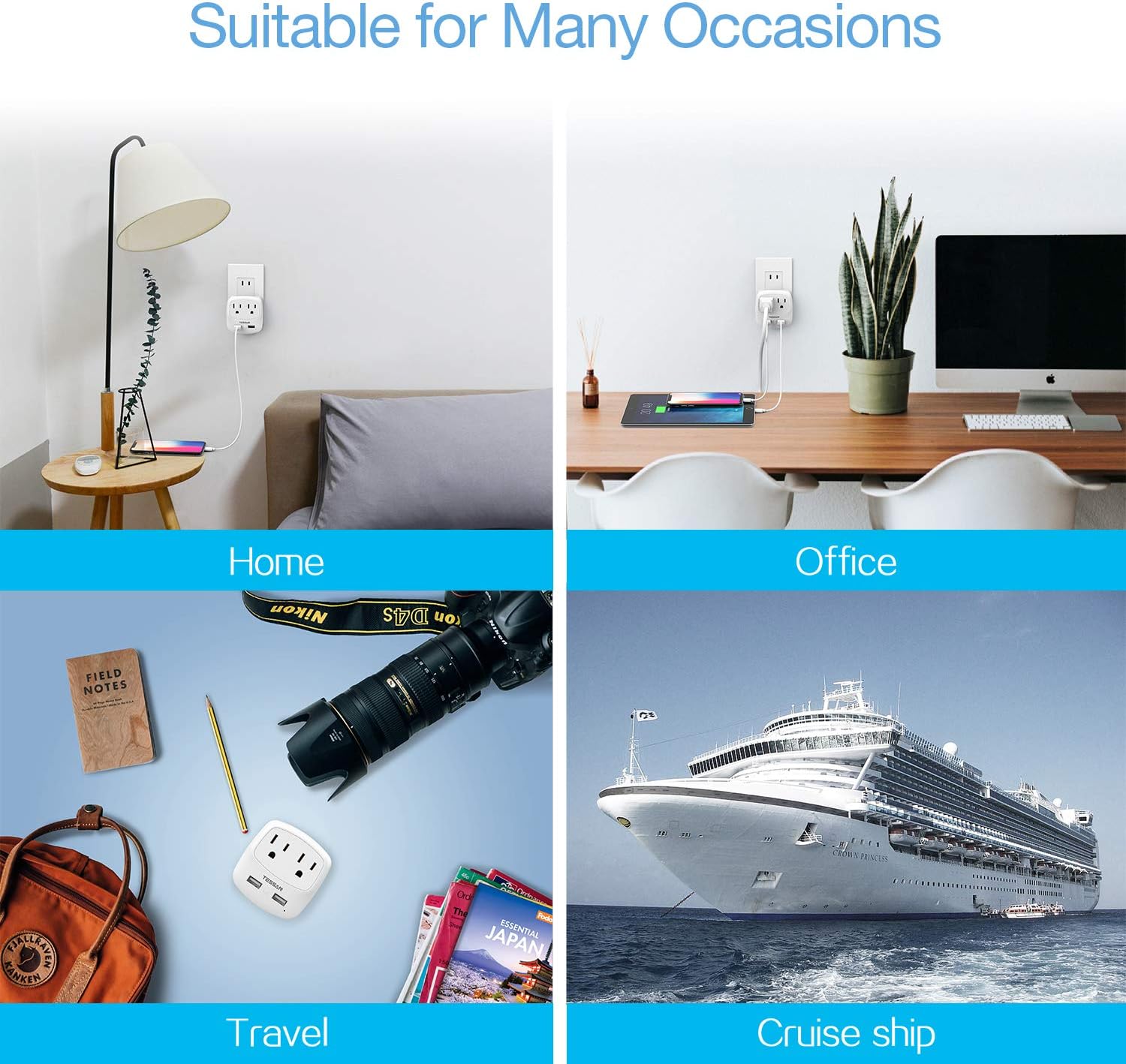 TESSAN 3 to 2 Prong USB Outlet Plug with 2 Wall Charger Extender for Japan - White Multi Plug Adaptor for US to Japanese Travel