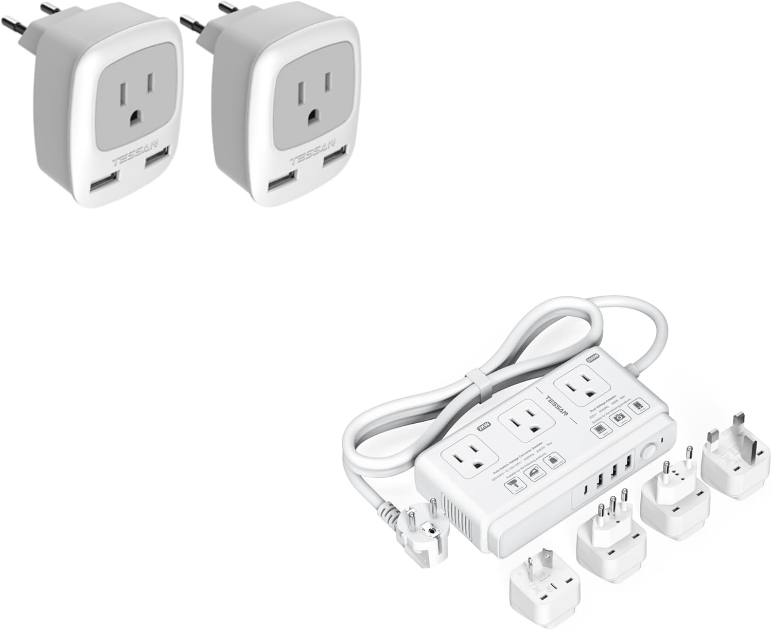 TESSAN European Travel Plug Adapter 2 Pack with USB, Voltage Converter for Hair Dryer, UK EU AUS Italy Spain