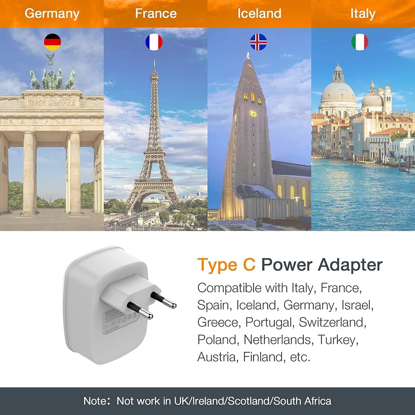 TESSAN European Travel Plug Adapter 2 Pack with USB, Voltage Converter for Hair Dryer, UK EU AUS Italy Spain