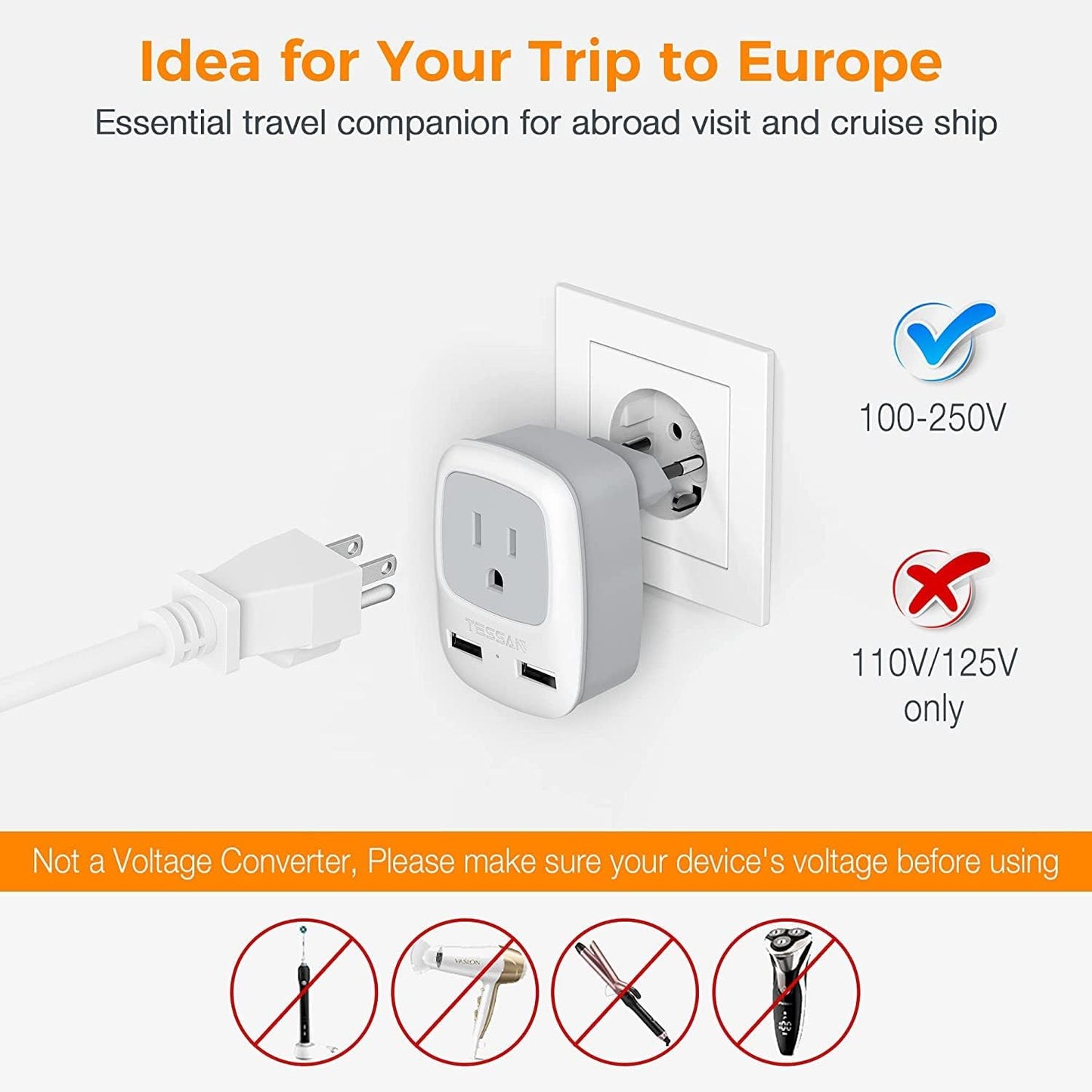 TESSAN European Travel Plug Adapter 2 Pack with USB, Voltage Converter for Hair Dryer, UK EU AUS Italy Spain