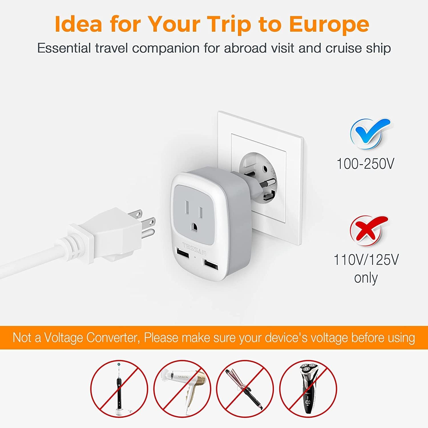 TESSAN European Travel Plug Adapter 2 Pack with USB, Voltage Converter for Hair Dryer, UK EU AUS Italy Spain