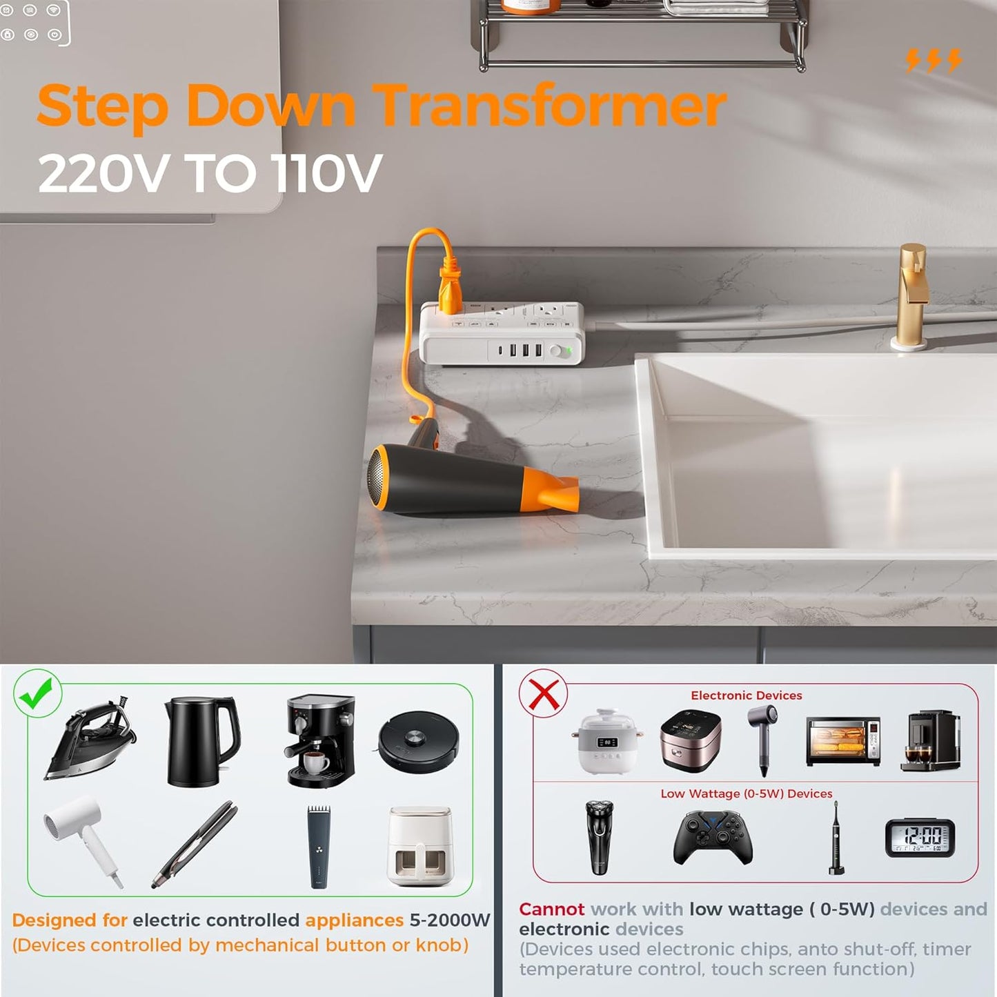 TESSAN European Travel Plug Adapter 2 Pack with USB, Voltage Converter for Hair Dryer, UK EU AUS Italy Spain