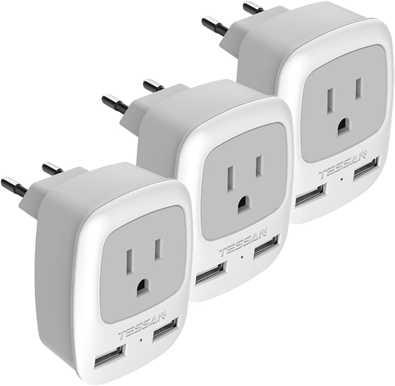 TESSAN European Travel Plug Adapter 3 Pack with 2 USB Ports - Type C Outlet Charger for USA to Europe, Spain, Italy, Germany, France, Israel
