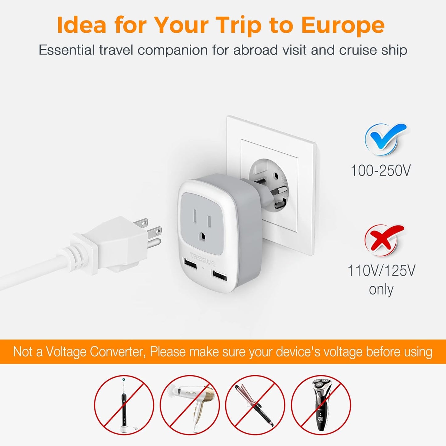 TESSAN European Travel Plug Adapter 3 Pack with 2 USB Ports - Type C Outlet Charger for USA to Europe, Spain, Italy, Germany, France, Israel