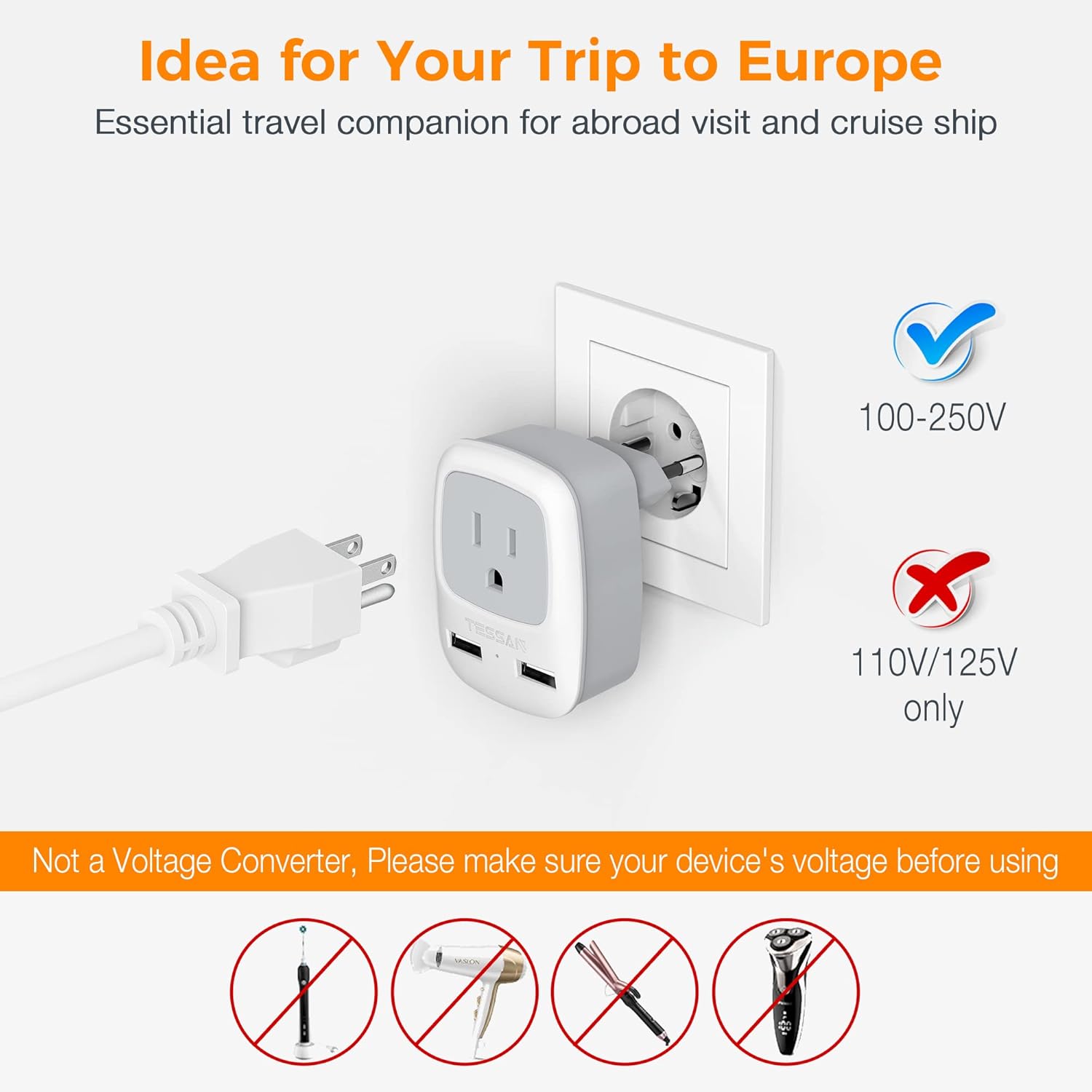 TESSAN European Travel Plug Adapter 3 Pack with 2 USB Ports - Type C Outlet Charger for USA to Europe, Spain, Italy, Germany, France, Israel