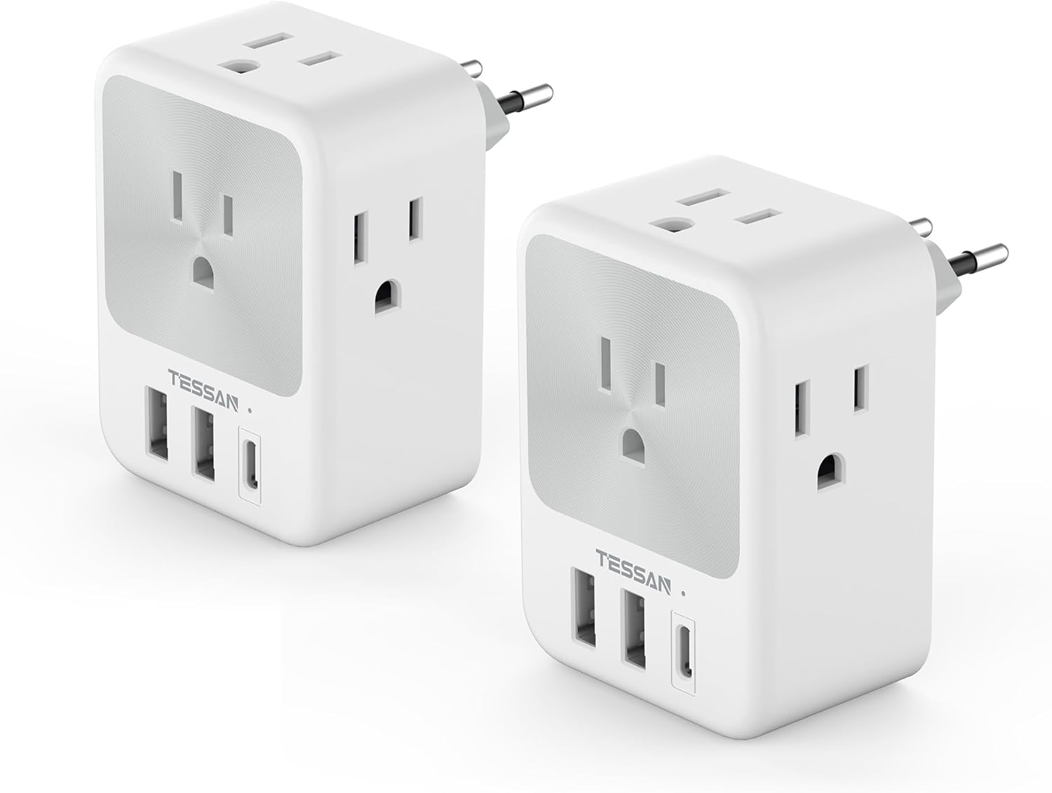 TESSAN European Travel Plug Adapter Bundle - 2 Packs with 4 Outlets, 3 USB Charging Ports, Type C Plug - Germany, Iceland, Spain, Italy, France Compatible