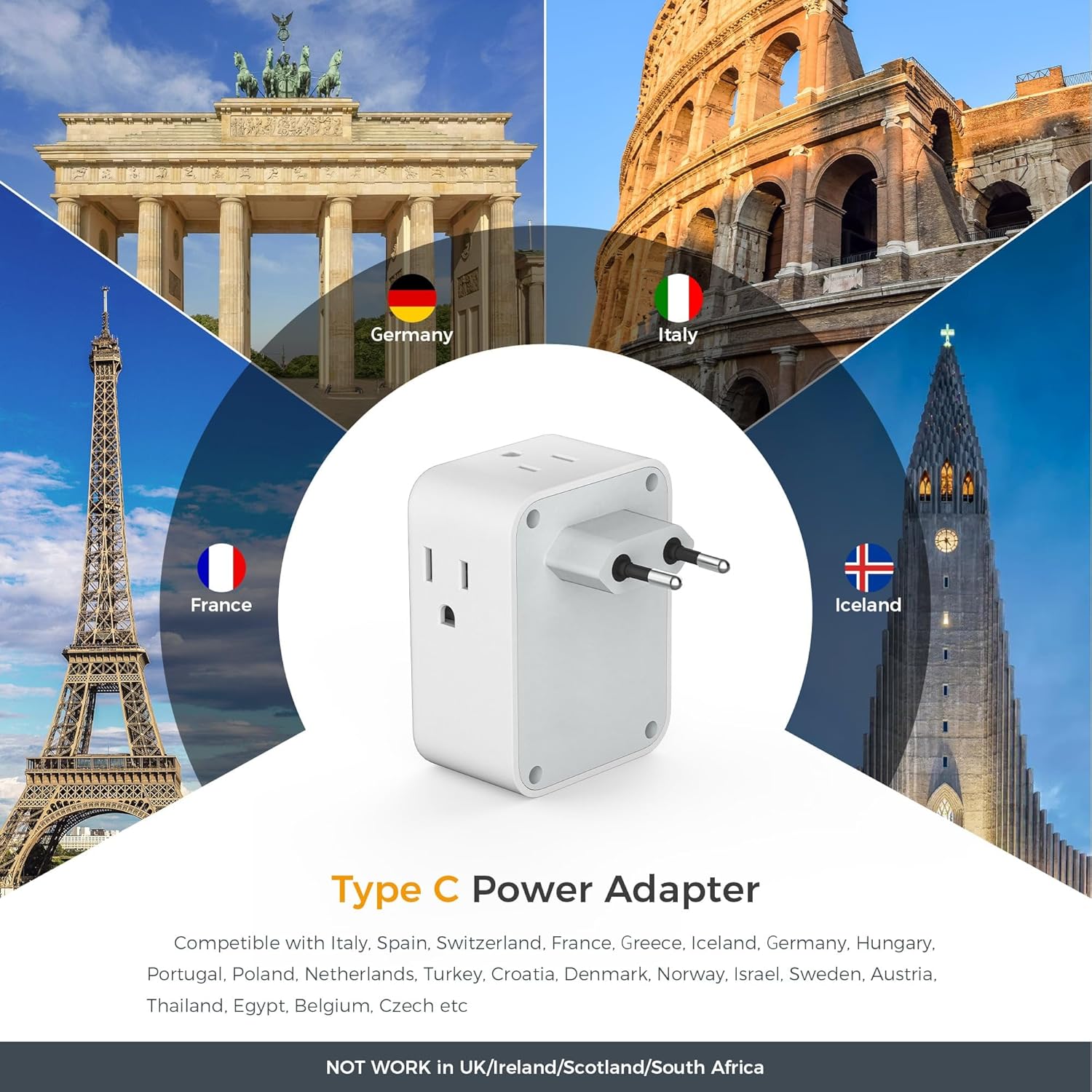 TESSAN European Travel Plug Adapter Bundle - 2 Packs with 4 Outlets, 3 USB Charging Ports, Type C Plug - Germany, Iceland, Spain, Italy, France Compatible