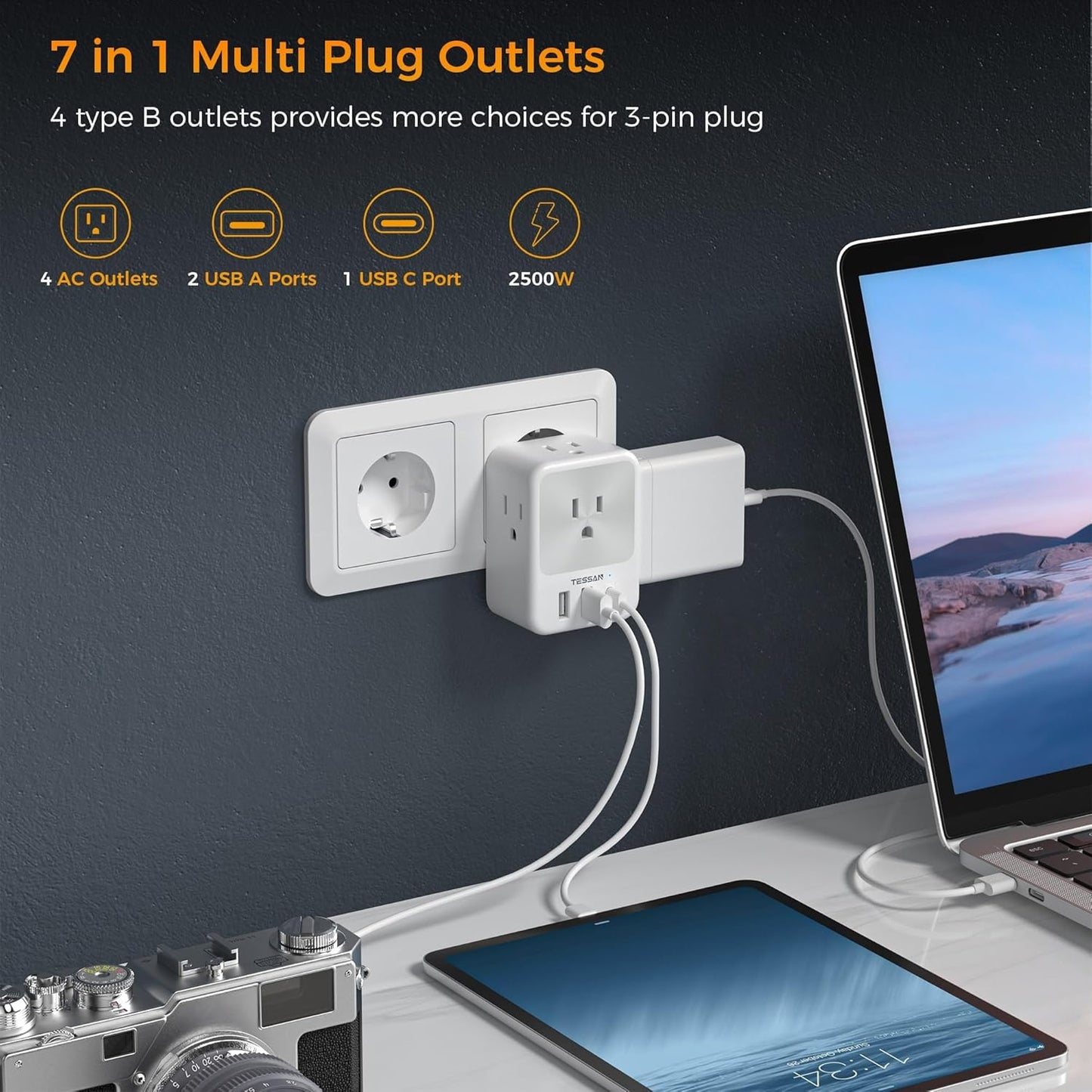 TESSAN European Travel Plug Adapter Bundle - 2 Packs with 4 Outlets, 3 USB Charging Ports, Type C Plug - Germany, Iceland, Spain, Italy, France Compatible