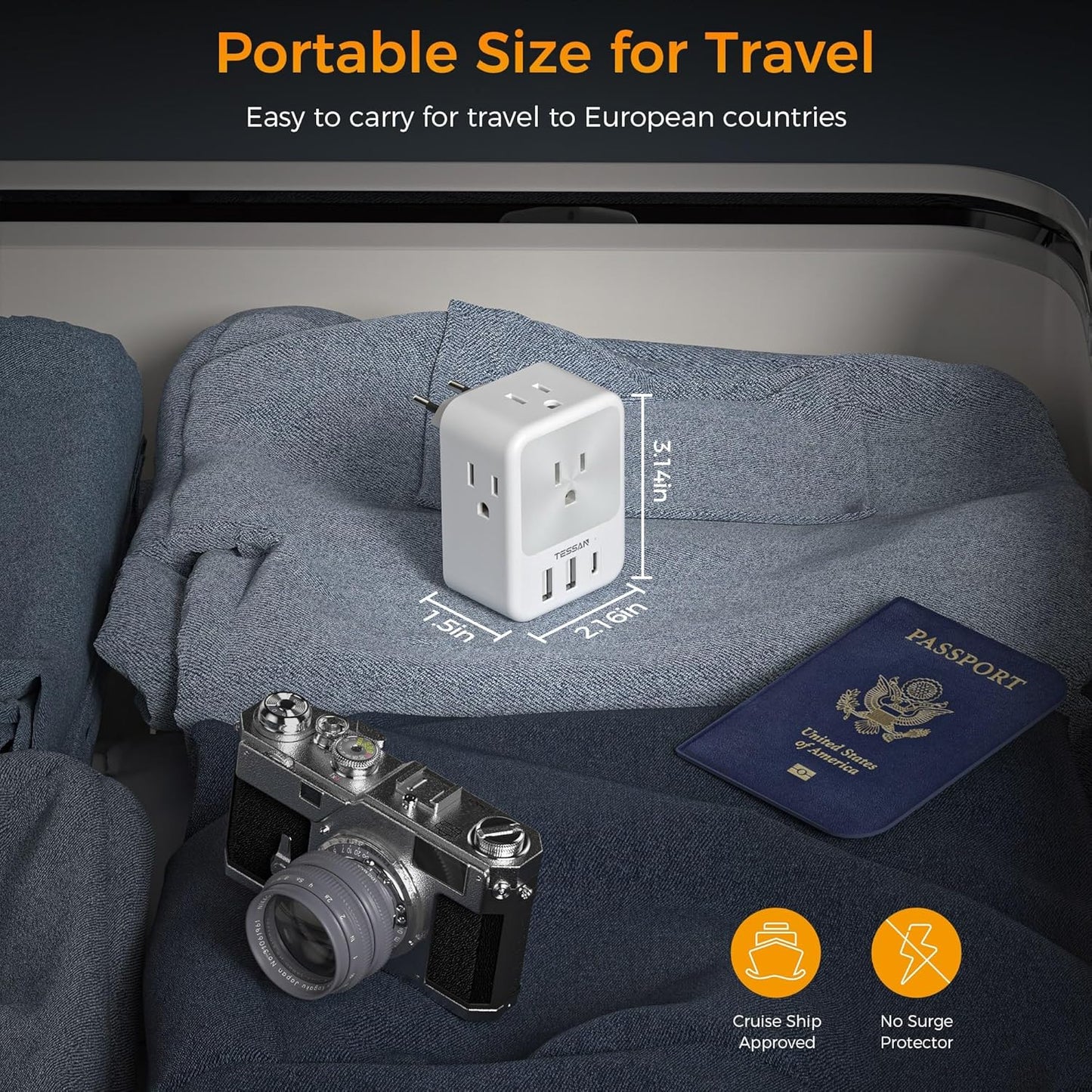 TESSAN European Travel Plug Adapter Bundle - 2 Packs with 4 Outlets, 3 USB Charging Ports, Type C Plug - Germany, Iceland, Spain, Italy, France Compatible