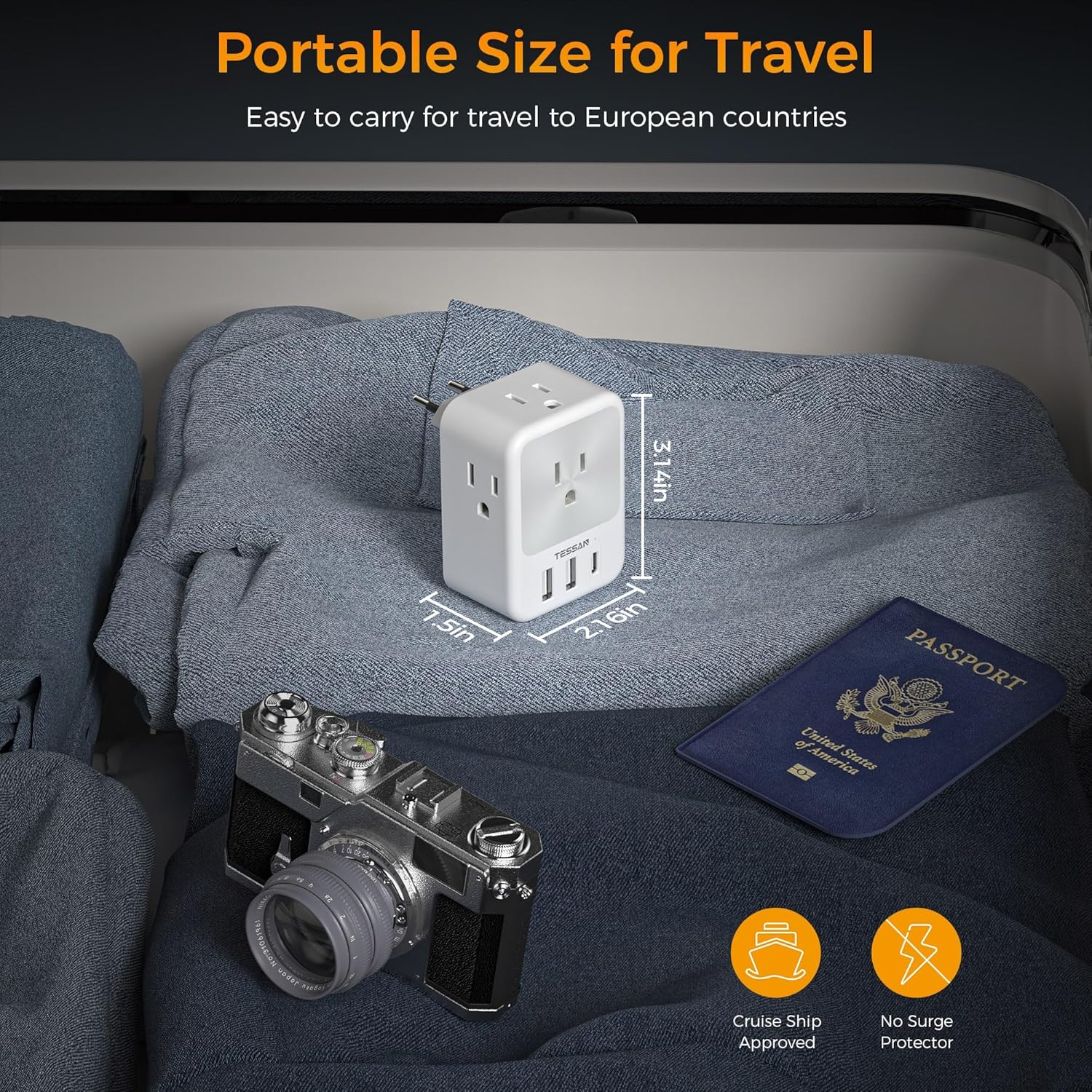 TESSAN European Travel Plug Adapter Bundle - 2 Packs with 4 Outlets, 3 USB Charging Ports, Type C Plug - Germany, Iceland, Spain, Italy, France Compatible