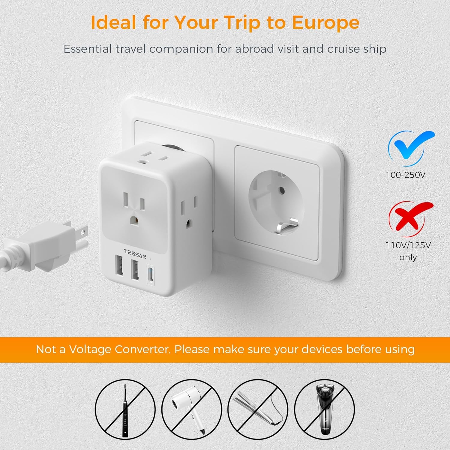 TESSAN European Travel Plug Adapter Bundle - 2 Packs with 4 Outlets, 3 USB Charging Ports, Type C Plug - Germany, Iceland, Spain, Italy, France Compatible