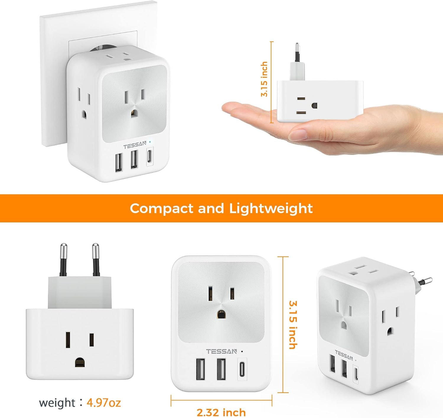 TESSAN European Travel Plug Adapter Bundle - 2 Packs with 4 Outlets, 3 USB Charging Ports, Type C Plug - Germany, Iceland, Spain, Italy, France Compatible