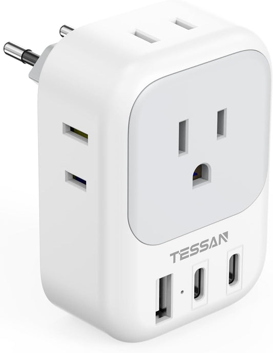 TESSAN European Travel Plug Adapter with 4 AC Outlets and 3 USB Ports - Type C Power Adaptor for Europe, USA to EU Converter