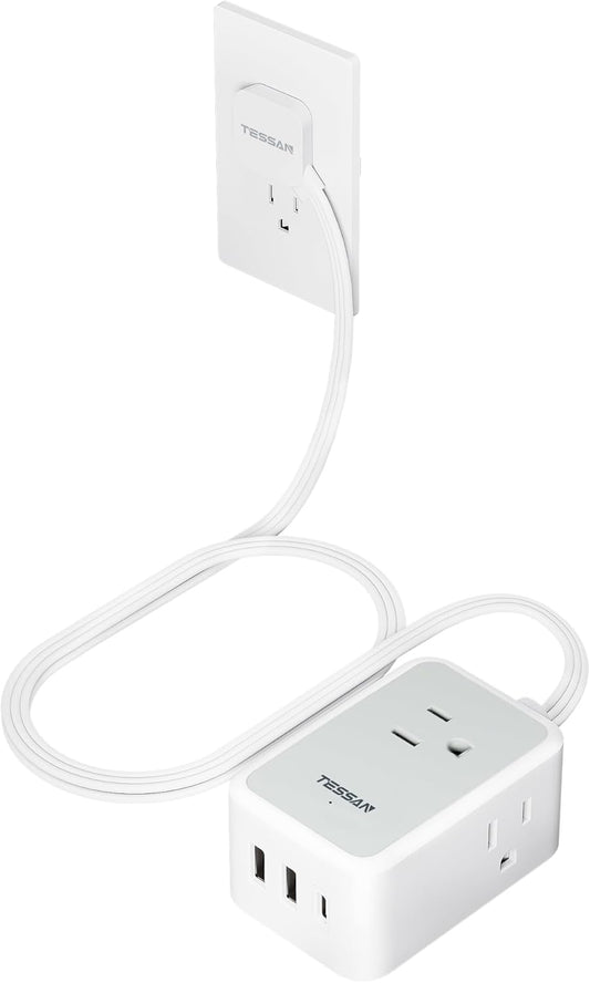 TESSAN Short Flat Extension Cord Power Strip with 3 USB Ports and 3 Outlets - 3 ft Slim Plug for Travel, Office, School, Dorm Room Essentials