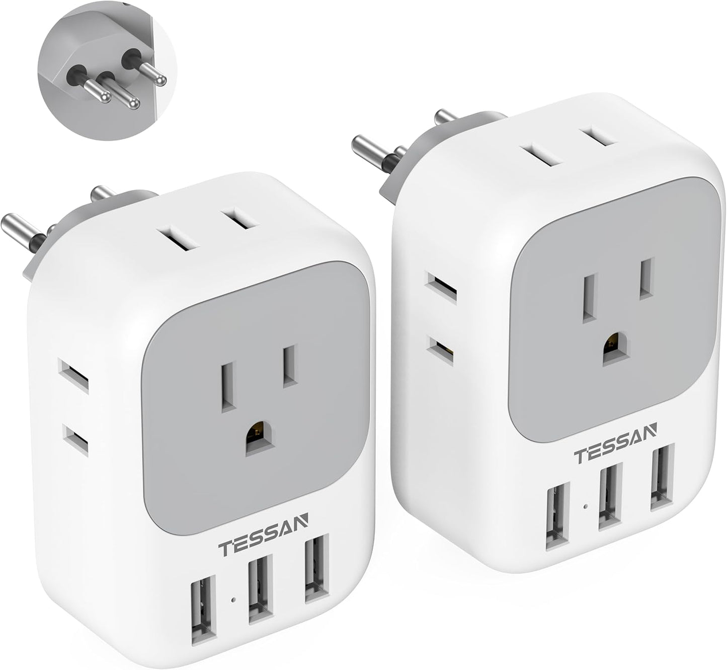 TESSAN Switzerland Power Adapter 2 Pack with 4 Outlets and 3 USB Ports - Type J Plug for US to Switzerland, Liechtenstein, Rwanda